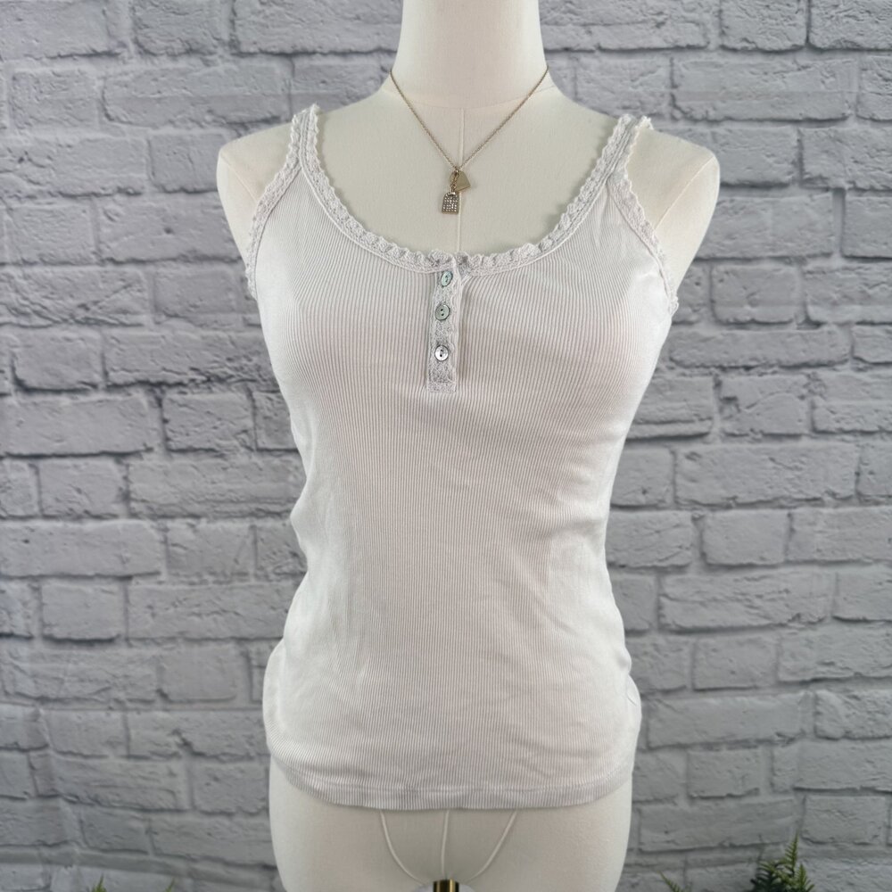Angie White Ribbed Lace Trim Henley Button Tank Top S Coquette